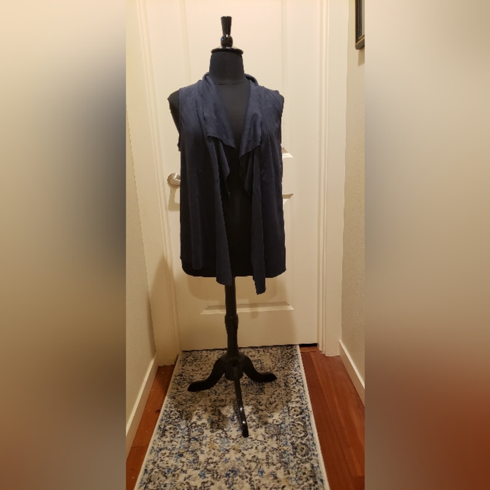 Joan Vass Womens Draped Open-Front Navy Vest